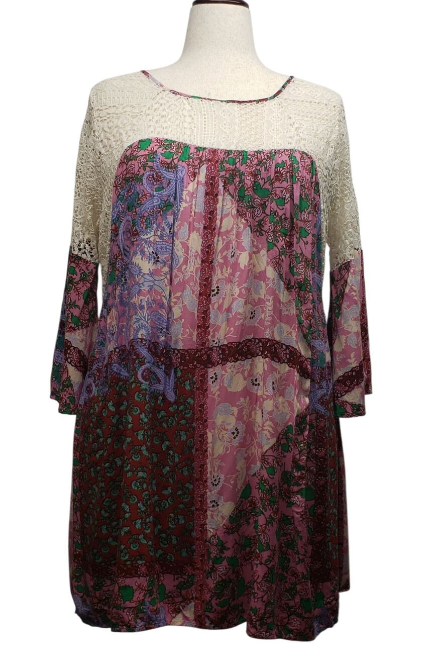 Umgee Boho Paisley Floral Tunic Dress Plus 2XL Crochet Bell Sleeve Festival